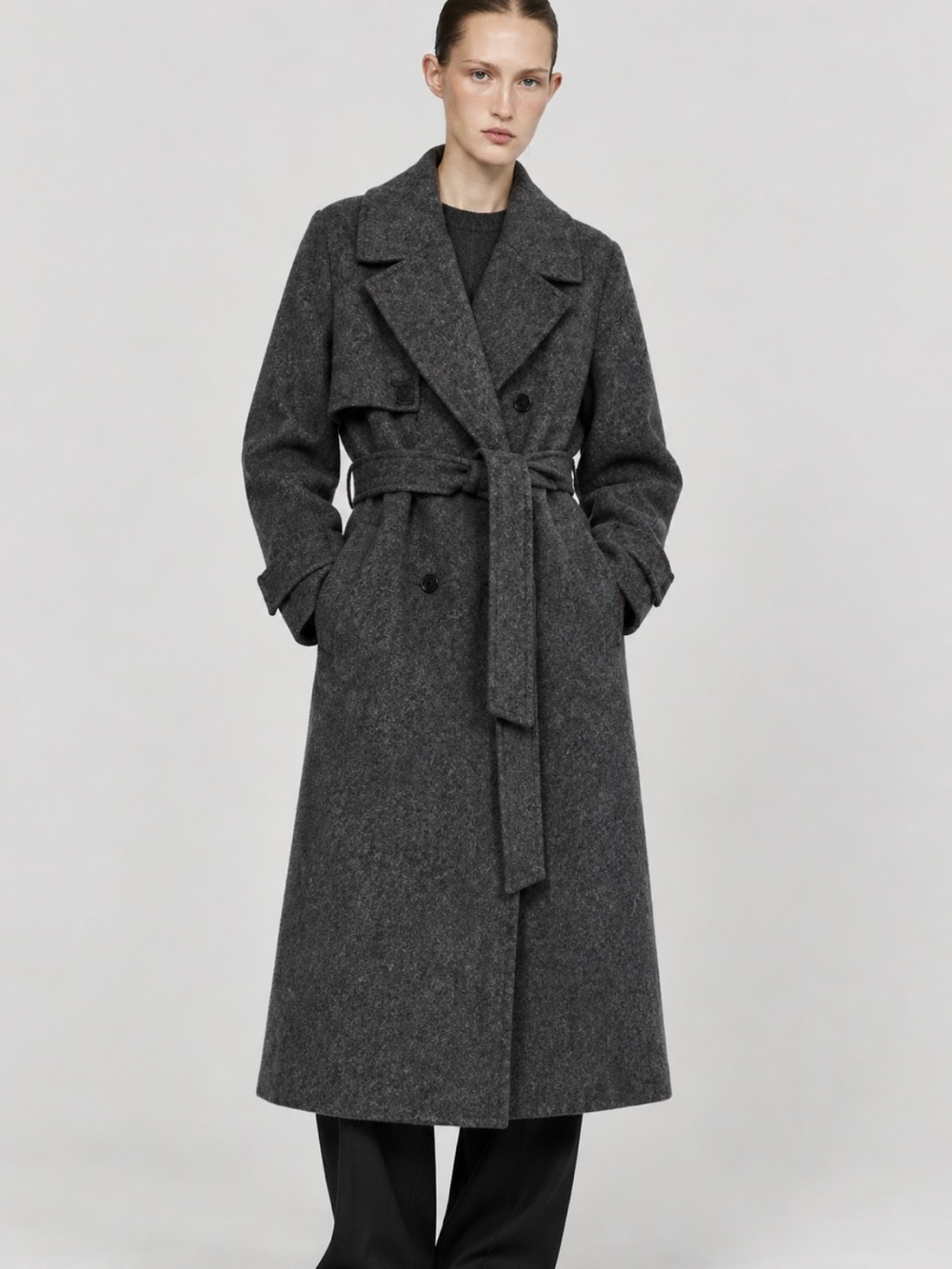 ZARA DOUBLE BREASTED BELTED WOOL BLEND COAT Gray XS 4070/223
